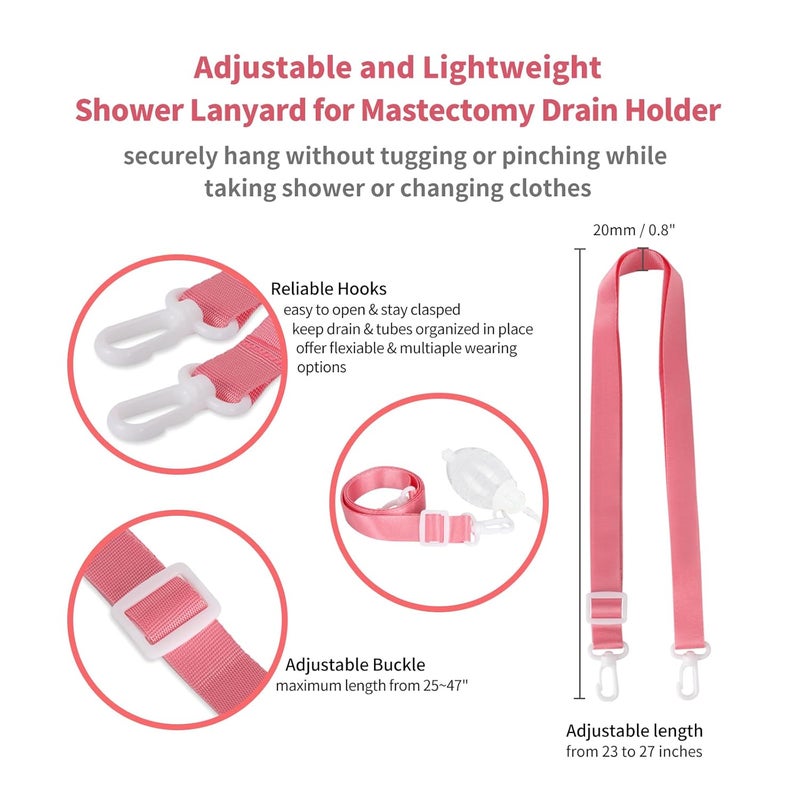 HJKEMI Shower Lanyard for Mastectomy Drain Holder with Hook 2PCS Quick Dry JP Drain Holders for After Breast Surgery Skin Friendly Drain Holder After Tummy Tuck Adjustable Mastectomy Recovery Supplies - Image 2